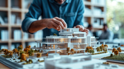 Architect meticulously adjusting a detailed scale model of a modern residential complex, reflecting precision and urban design expertise
