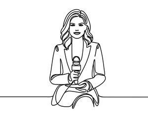 Vector image of a girl with a microphone, in linear style, on a white background.