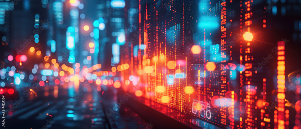 Poster Illuminated data analytics concept superimposed over a cityscape at dusk, representing the intersection of urban life and the digital economy