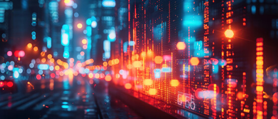 Illuminated data analytics concept superimposed over a cityscape at dusk, representing the intersection of urban life and the digital economy - obrazy, fototapety, plakaty