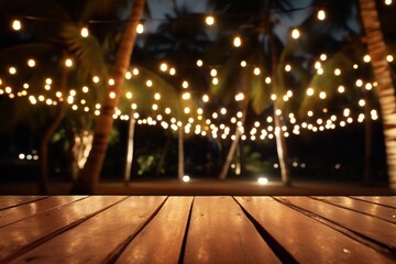 Outdoor string lights hanging on tree, fairy lights on wood table top in garden at night