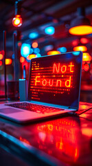 Laptop screen displaying an error message Data Not Found in a high-tech environment, symbolizing data loss, digital error, or cybersecurity issues in computing - obrazy, fototapety, plakaty