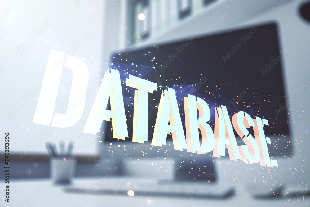Poster double exposure of creative database word hologram and modern desktop with laptop on background, res