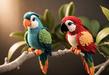 Crocheted from wool cute parrots birds, Japanese art - amigurumi