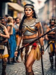 Amazon woman warrior in armor in traditional historical tribal costume. Generative AI