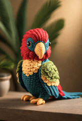 Fototapeta na wymiar Crocheted from wool cute parrot bird, Japanese art - amigurumi