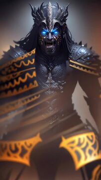 Realm of Shadows: The Greek God Hades Enshrouded in a Black Plated Skull Armour, Dark Mist, Ruler of the Underworld, Powerful Muscles, Hades in Greek Mythology, Underworld, Bodybuilding
