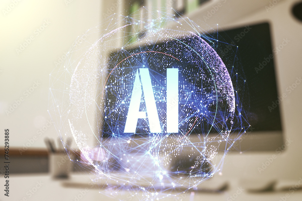 Poster creative artificial intelligence symbol concept and modern desktop with pc on background. double exp