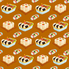 Sushi rolls seamless pattern japan Asian food vector design isolated on colorful background