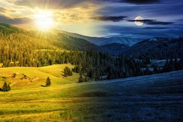 summer landscape with meadow near spruce forest on hills in mountainous area with sun and moon at summer solstice. day and night time change concept. mysterious countryside scenery in morning light