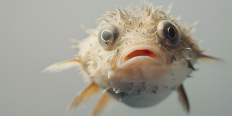 Puffer Fish Portrait, Ocean's Quirky Inhabitant. A macro close-up of a puffer fish, unique and textured features, copy space.