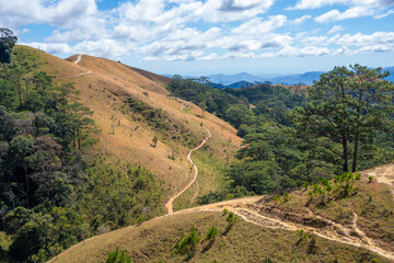 Ta Nang - Phan Dung route with milestone between 3 provinces through grass hills and forests in...