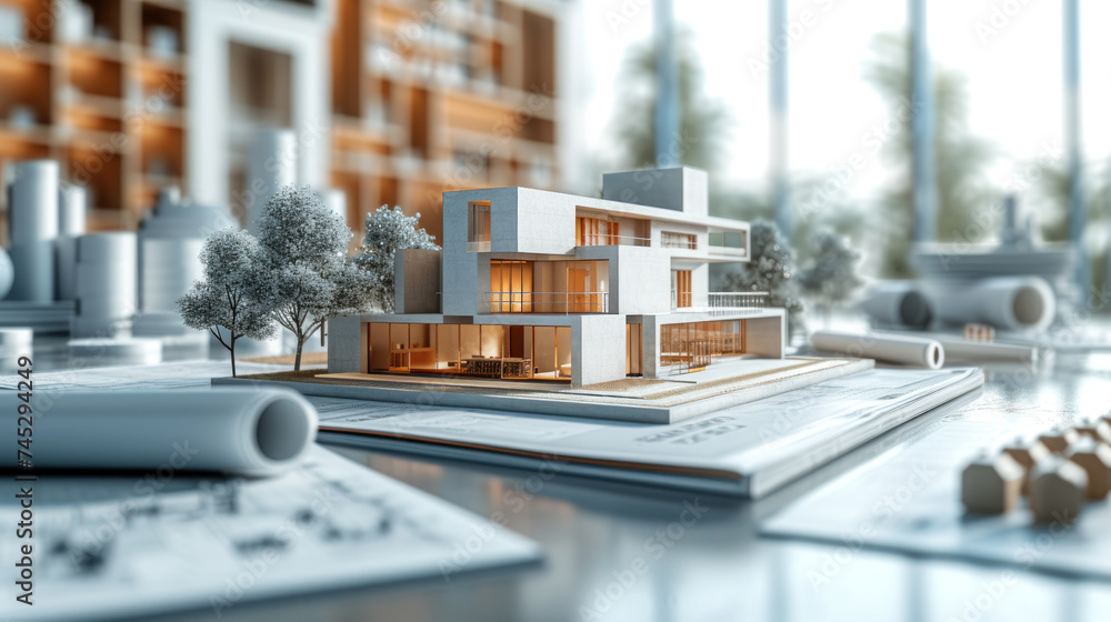 Poster a meticulously crafted architectural model of a modern residence with detailed blueprints in the for