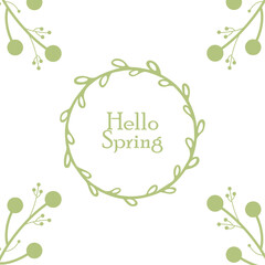 Spring greeting card for minimalistic packages and designs. Hello Spring. The inscription hello spring in round floral frame on white background for spring designs. 