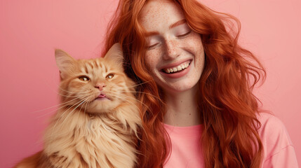 Close-Up Portrait of Joyful Young Woman in Trendy Attire with Adorable Feline Companion
