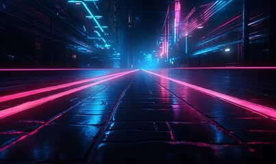 Neon paving stone road with glowing lines closeup background. City empty night 3d highway made of rough wet cobblestones with purple cyber design