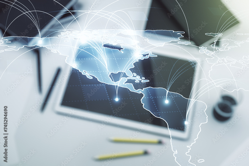 Aufkleber Double exposure of abstract digital world map with connections and modern digital tablet on background, big data and blockchain concept