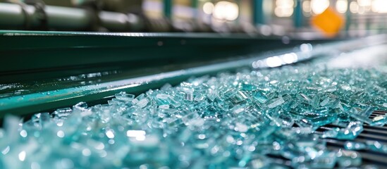This image shows a detailed close-up of a machine cutting glass at a recycling facility. The machine is precisely slicing through the glass sheet, creating smaller glass particles for processing.