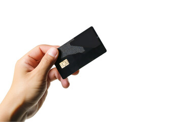 Hand holding a black credit card, isolated on white background