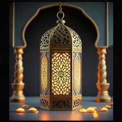A design for a Ramadan lantern decorated with an Islamic ornament and illuminated dazzlingly from the inside
