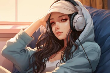 woman music headphones beauty listening .