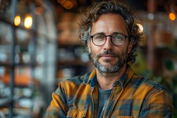 Fototapeta premium A well-dressed man with curly hair and glasses warmly poses in a trendy, cozy cafe with ambient lighting