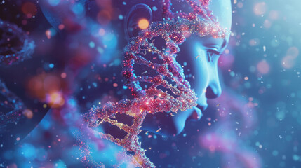 showcasing DNA sequencing through a modern lens with vivid particles, embodying the fusion of biology and innovative technology - obrazy, fototapety, plakaty