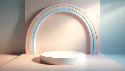 minimalist 3d studio, rounded podium under a soft pastel rainbow. 3d stage for product display. an abstract platform for product presentation. podium for advertising. Empty pedestal 3D model