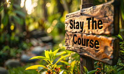 Motivational Stay The Course sign held up with two hands, promoting persistence and dedication, set against a lush green outdoor background for inspiration