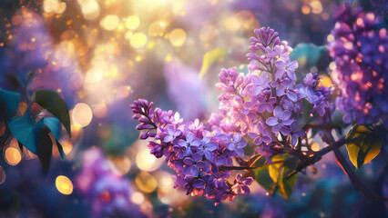 Lilac flowers spring blossom, sunny day light bokeh background - 745295094