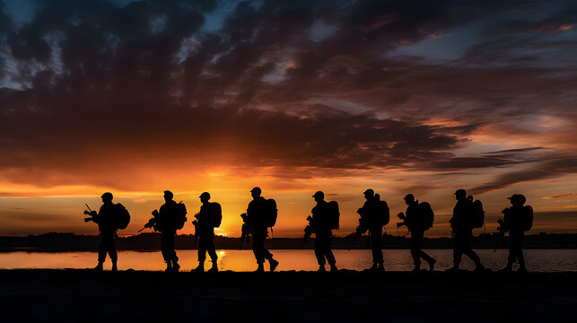 silhouette of u s military men and veterans at sunset