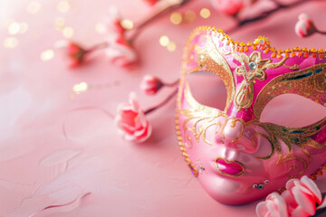 Happy Purim postcard. Carnival mask with Jewish items. Pink layout background