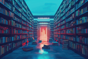 A visionary library with rows of books leading to a glowing digital portal, symbolizing the intersection of traditional knowledge and future technology - obrazy, fototapety, plakaty