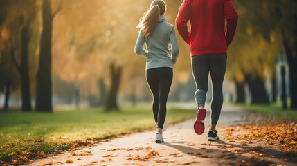 Two people jogging in a park at sunset, exemplifying outdoor fitness and an active lifestyle amidst an autumnal setting - obrazy, fototapety, plakaty