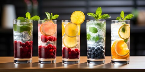 Enjoy a selection of refreshing sugarfree drink options from herbal infusions to sparkling water. Concept Sugar-Free Drinks, Herbal Infusions, Sparkling Water, Refreshing Beverages - obrazy, fototapety, plakaty