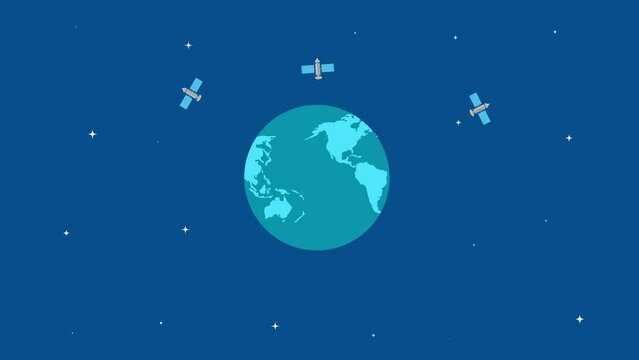 Satellites flying around the earth. Cartoon earth with space satellites.