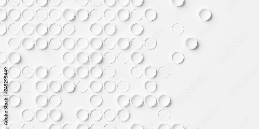 Poster array or grid of randomly offset white circular rings background wallpaper banner pattern with copy 