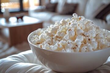 Freshly popped corn in a white bowl creates a soothing image on a bright bedspread