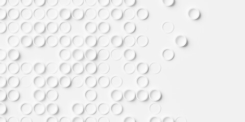 Array or grid of randomly offset white circular rings background wallpaper banner pattern with copy space
