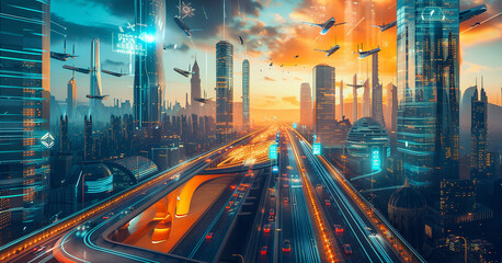 Futuristic city skyline with flying vehicles, advanced architecture, and illuminated highways under a sunset sky, evoking a high-tech metropolis.AI generated. - obrazy, fototapety, plakaty