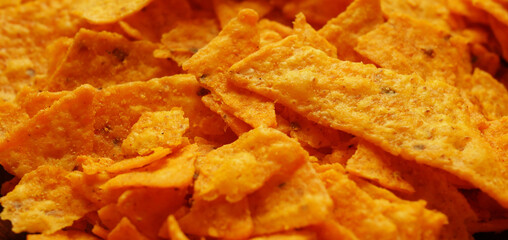 Nacho chips texture. Close up. Food background. Tasty snacks 