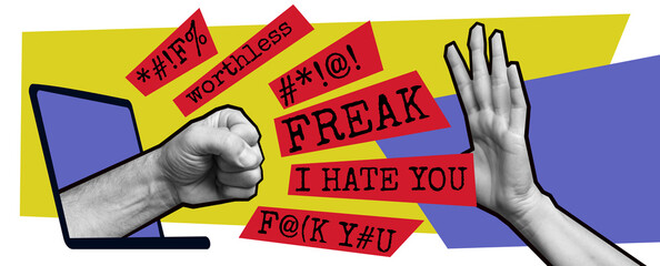 cyberbmobbing. Agressive fist reaching out of laptop with bold lettering of Hate speech. Online social media verbal violence.  - obrazy, fototapety, plakaty