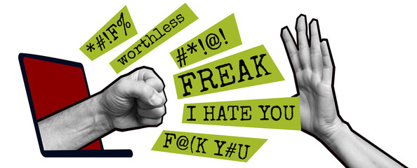 cyberbmobbing. Agressive fist reaching out of laptop with bold lettering of Hate speech. Online social media verbal violence. Transparent background - obrazy, fototapety, plakaty