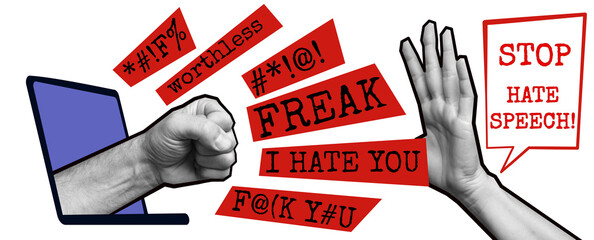 cyberbmobbing. Agressive fist reaching out of laptop with bold lettering of Hate speech. Online social media verbal violence. Transparent background - obrazy, fototapety, plakaty