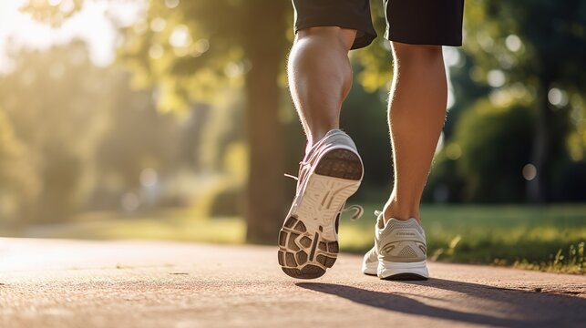 Close-up of someone's feet jogging on a sunlit path, with the focus on athletic shoes and the stride, epitomizing outdoor fitness