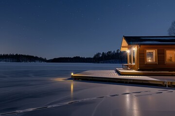 Cozy lakeside cabin under a clear night sky, perfect for a winter getaway and stargazing retreat - Powered by Adobe