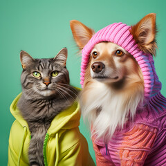  Sweet cat and dog in fashion dress.