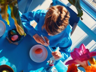 Naklejka premium Child deeply focused on painting Easter eggs, immersed in a vibrant blue setting filled with sunlight and creativity