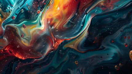 Chaotic symphony of swirling liquid metallic hues, blending seamlessly to construct an otherworldly abstract masterpiece. - obrazy, fototapety, plakaty