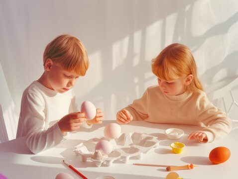 Concentrated children delicately coloring Easter eggs in a softly lit environment
